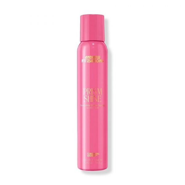 Andrew Fitzsimons Prism Shine Invisible Shine Hair Spray pink aerosol bottle with pink cap on white background