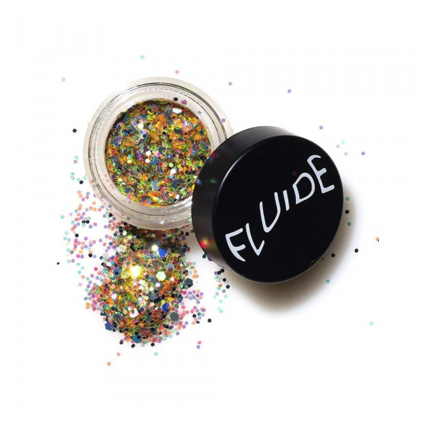 Fluide Aura Glitter transparent jar of gold rainbow loose glitter with black lid ajar and glitter spread out on white background