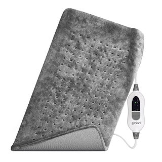 The gray Geniani Extra Large Electric Heating Pad with attached remote control on a white background
