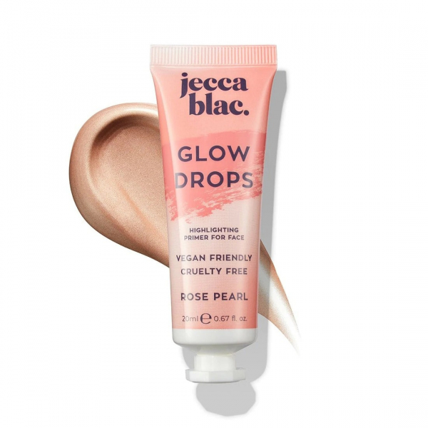 Jecca Blac Glow Drops peachy pink tube with white cap and swatch of champagne liquid highlighter on white background