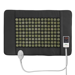The black UTK Jade Far Infrared Heating Pad embellished with jade coins and attached remote control on a white background.
