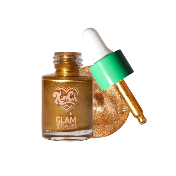 KimChi Chic Beauty Glam Tears All Over Liquid Highlighter transparent bottle of gold liquid highlighter with green and white dropper top and dot of product on white background
