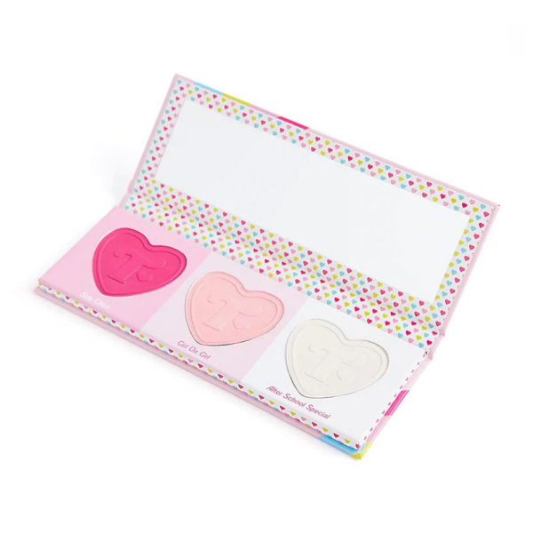 Trixie Cosmetics Summer of Love Blush Palette three heart shaped blushes and highlighters in heart-patterned palette with mirror on white background