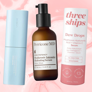 Best Hyaluronic Acid Serums: a collage of Innisfree, Laneige, Perricone MD, Three Ships, Youth to the People, and Farmacy serums on a pink tie-dye background